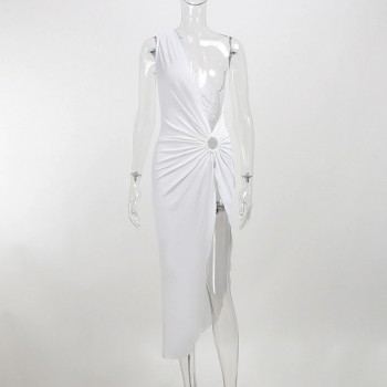 Hollow Out Women Midi Beach Dress White One Shoulder Sleeveless White